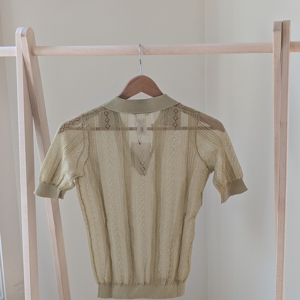 NWT Zara Openwork Sheer Knit Polo Sweater in Light Olive - M - Picture 4 of 5
